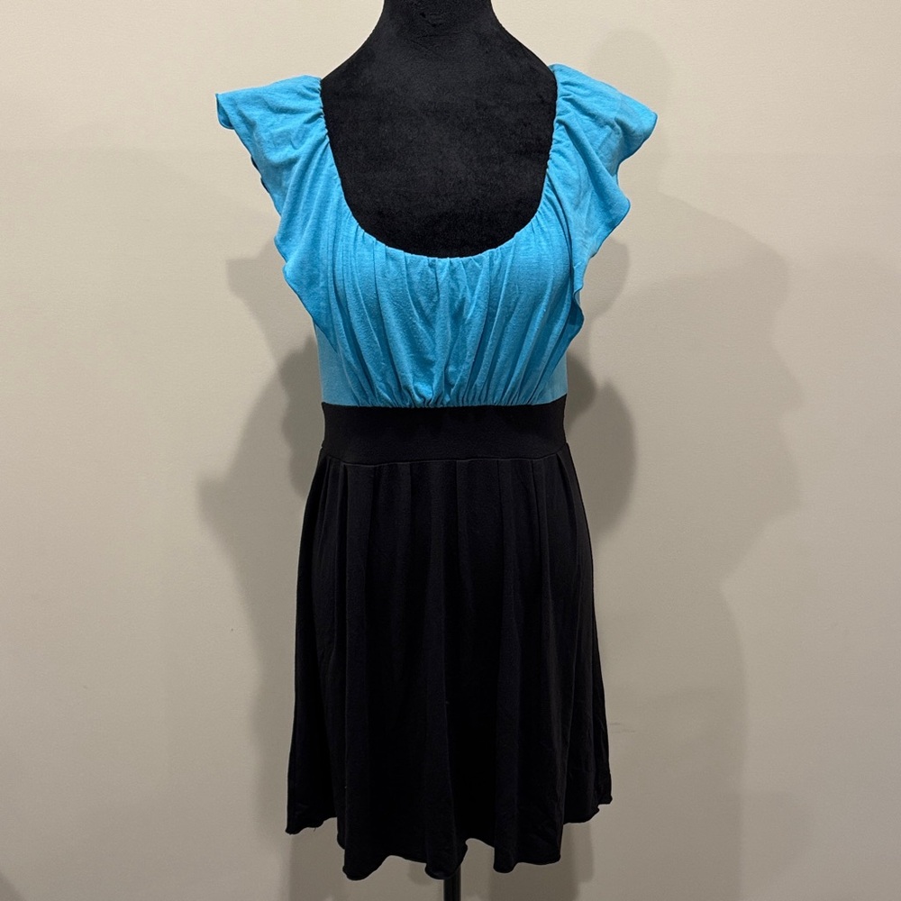 Cotton ruffle sleeve tie waist Teal and Black Women's Dress